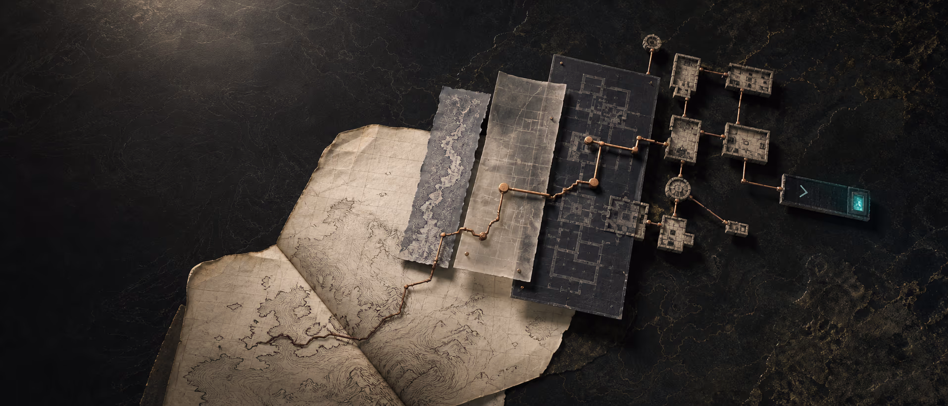 Concept study of a layered physical atlas: carved map strata connected by a copper route that resolves into a room graph and a small teal cursor.