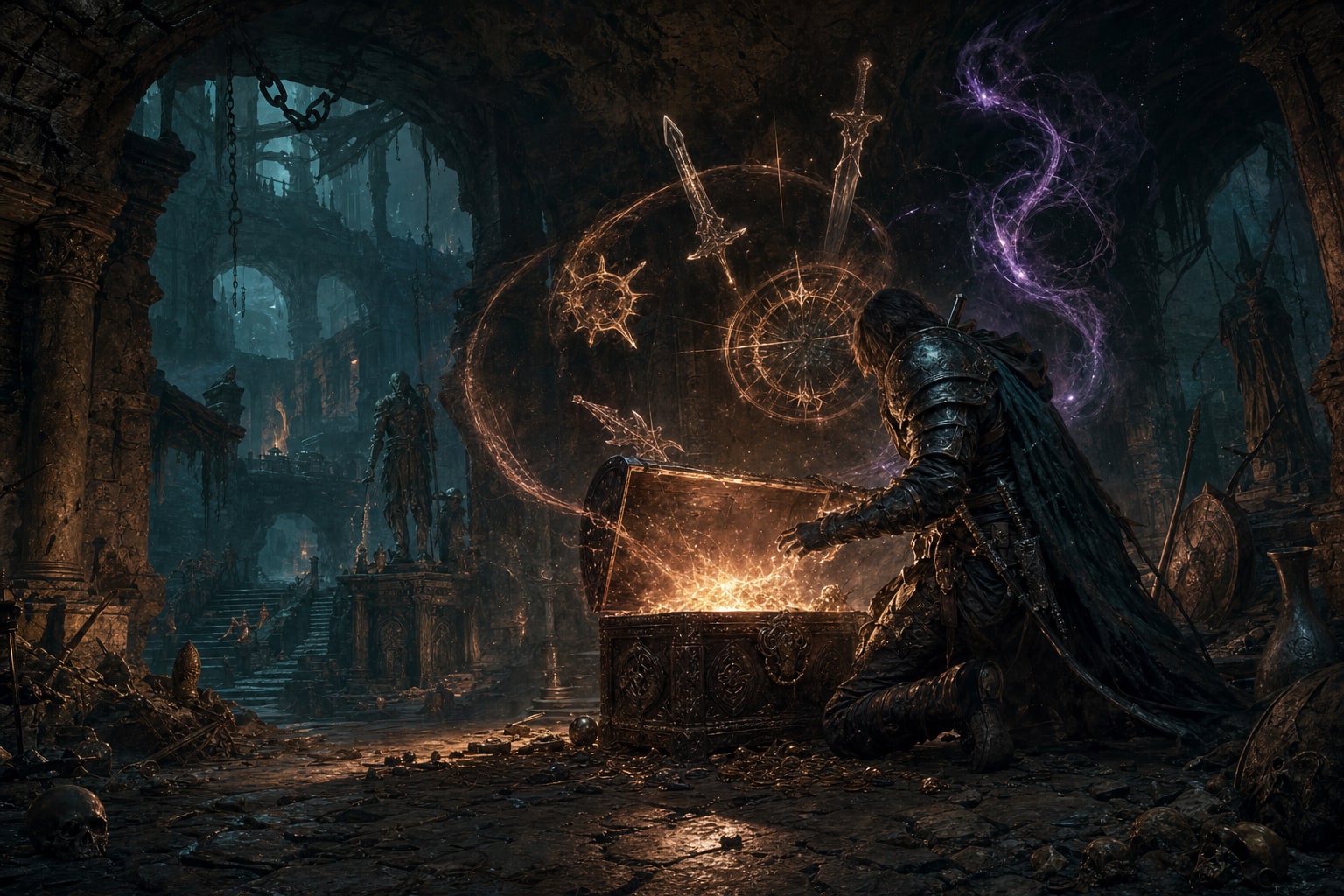 An armored treasure hunter opening a rune-lit chest in a forgotten crypt while spectral weapons circle overhead