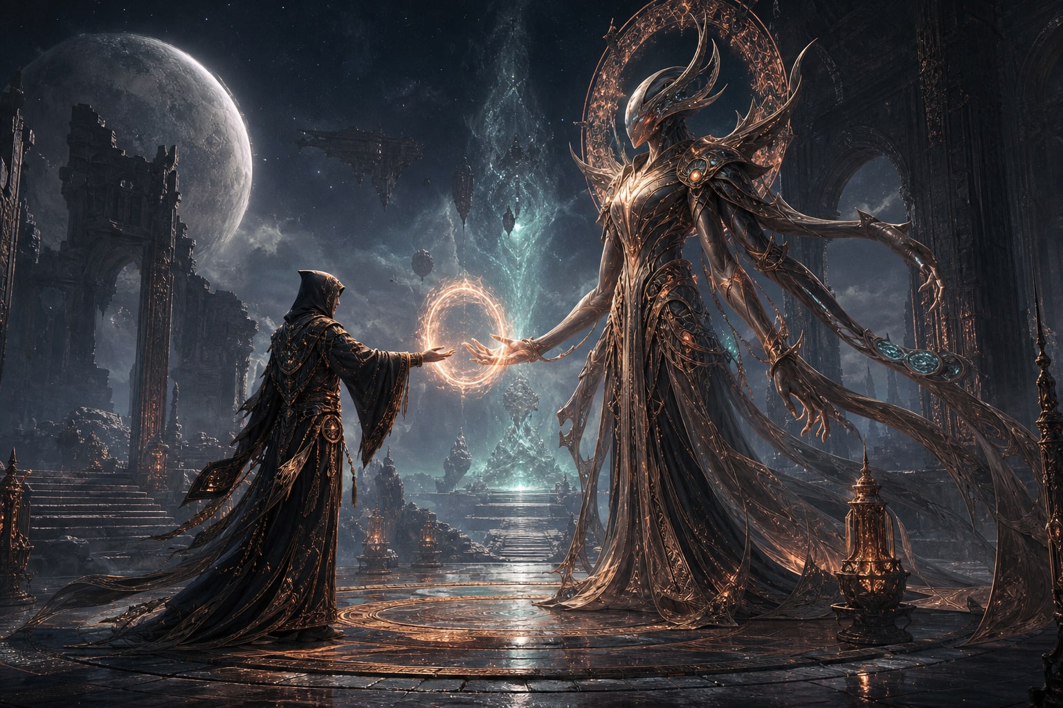 A robed summoner and a towering many-limbed eidolon sealing a luminous pact in a moonlit ruin
