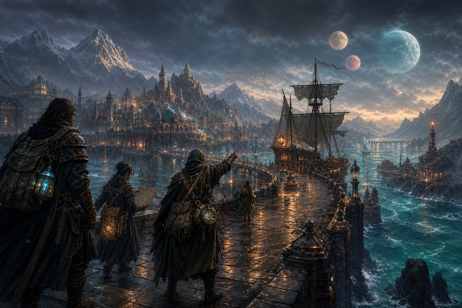 Adventurers crossing a copper-lit sea road toward a distant fantasy city beneath three moons, carrying enchanted satchels