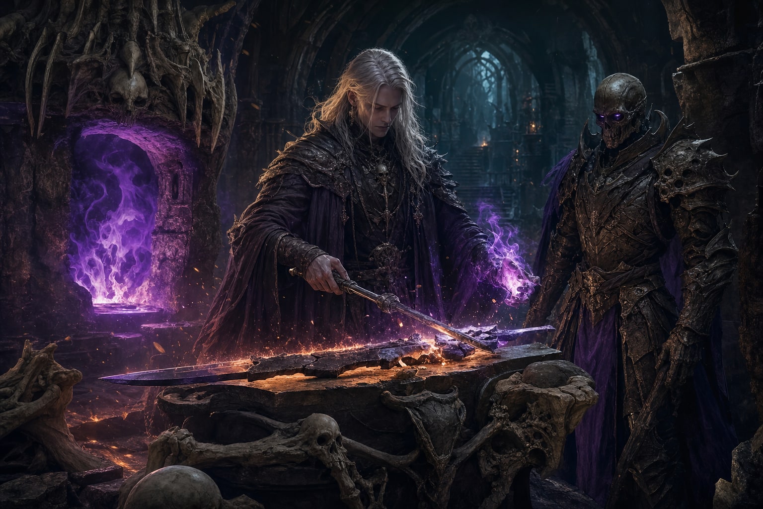 A necromancer before a bone-clad forge where a broken sword is being reforged in violet flame