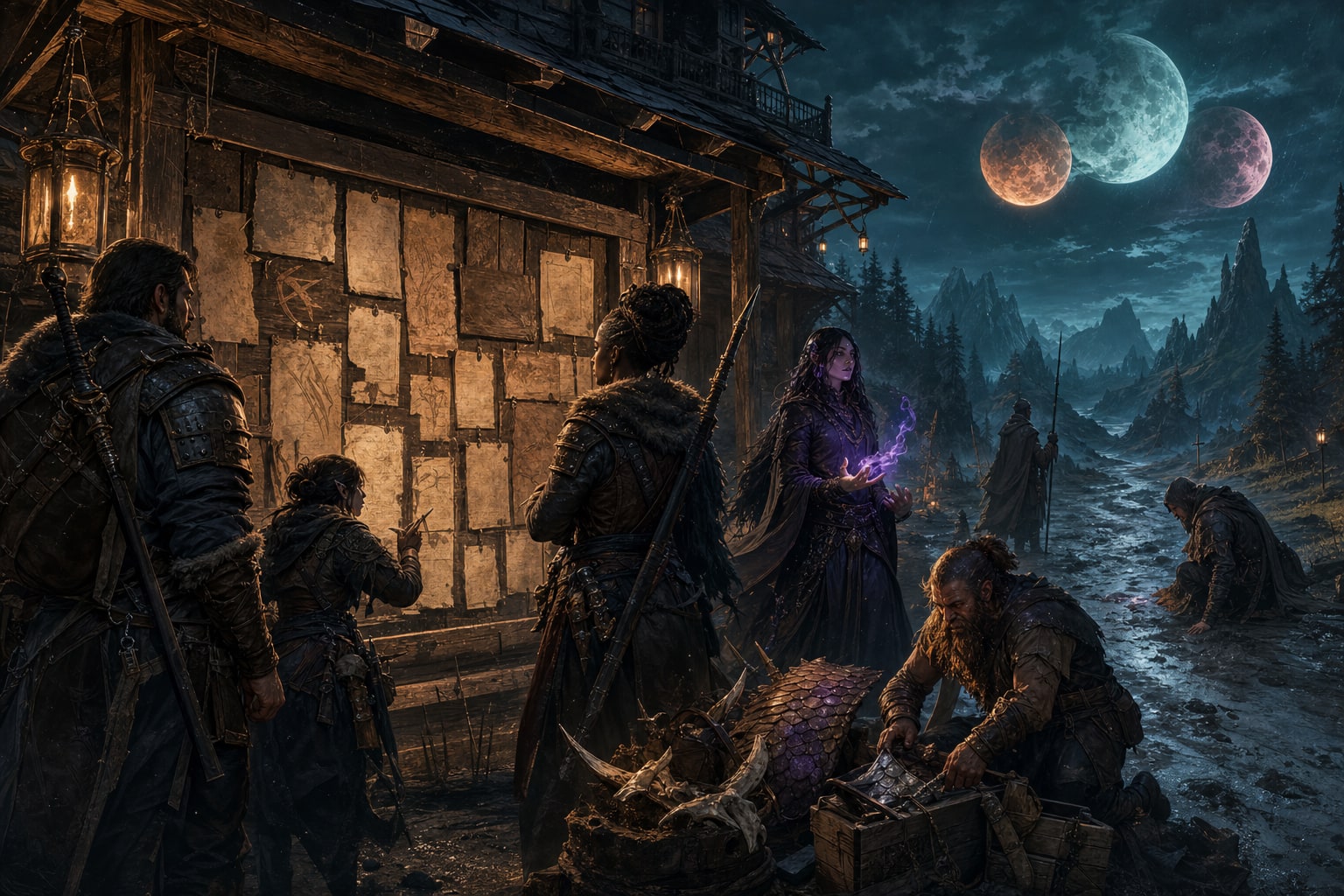 A weathered contract board at a frontier inn while hunters prepare beneath three colored moons