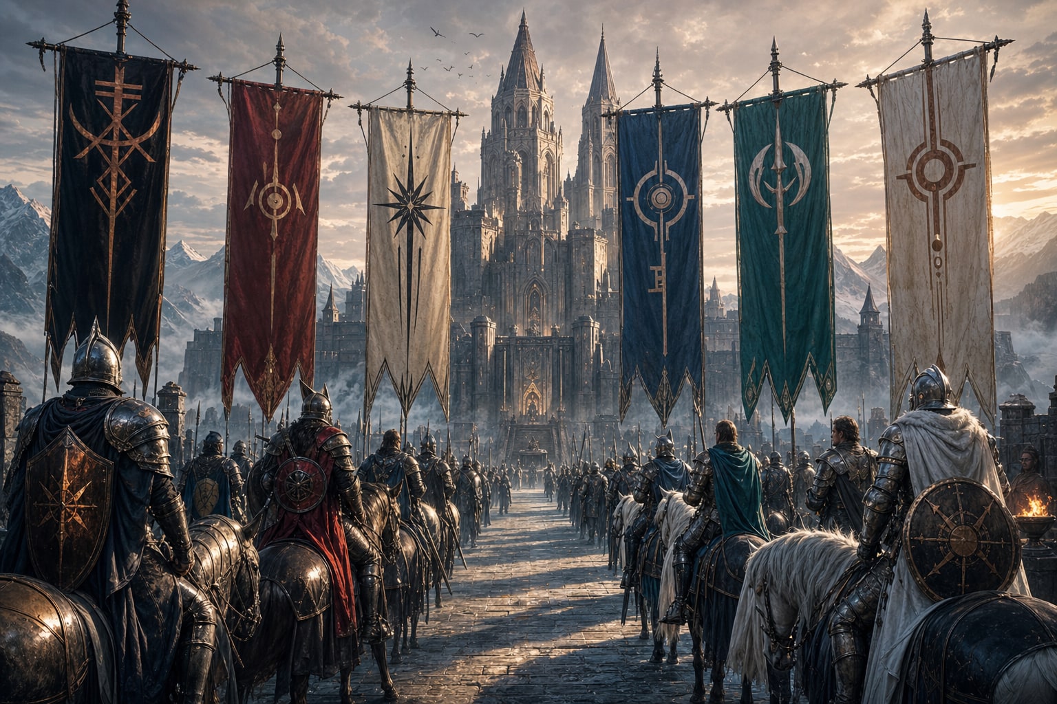 Six fantasy knightly banners raised above armored riders gathering before a mountain citadel