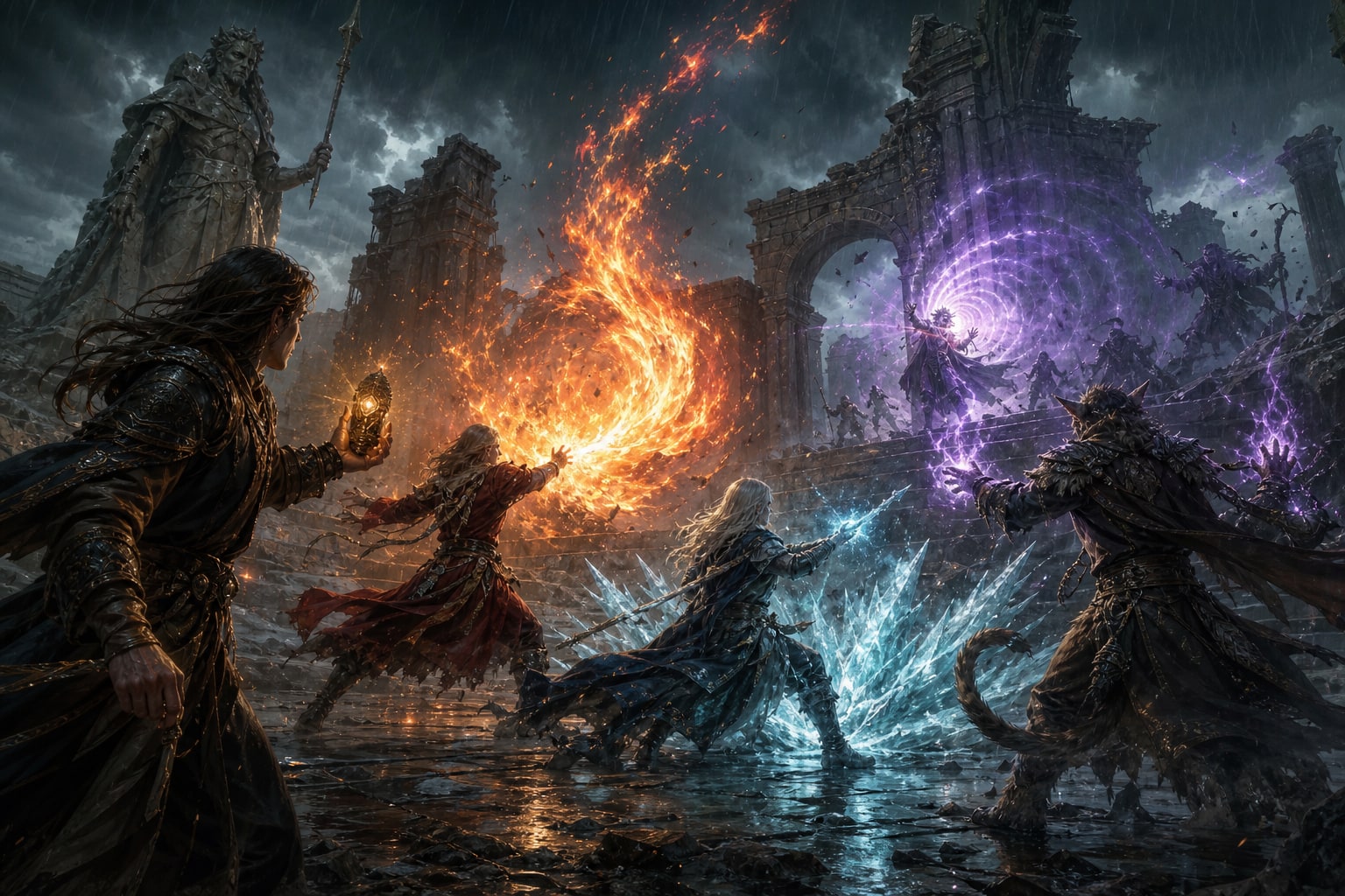 A circle of adventurers unleashing fire, frost, psionic light, and summoned magic across a ruined battlefield