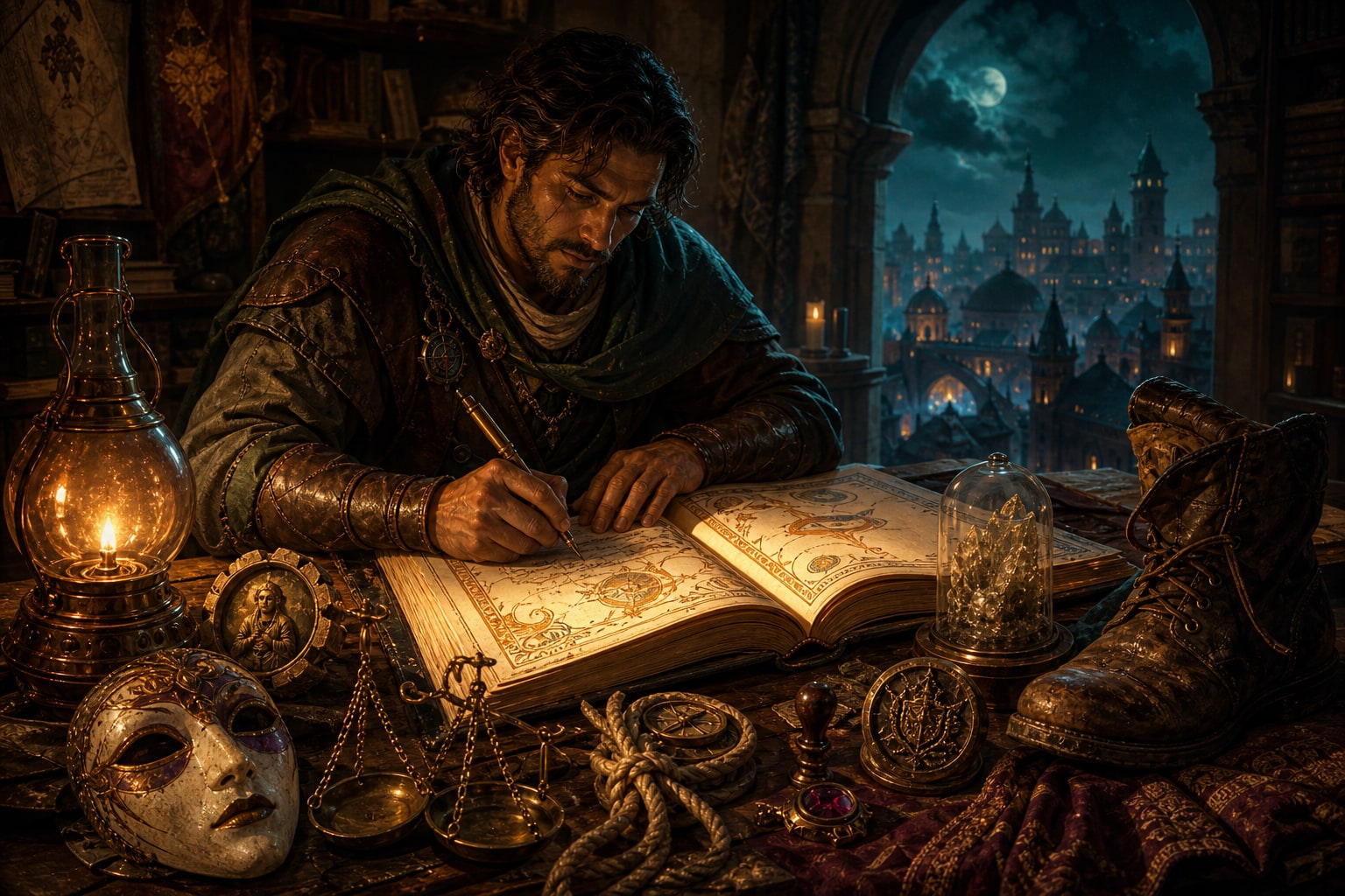 An adventurer writing a personal history in an illuminated journal surrounded by keepsakes from many possible backgrounds