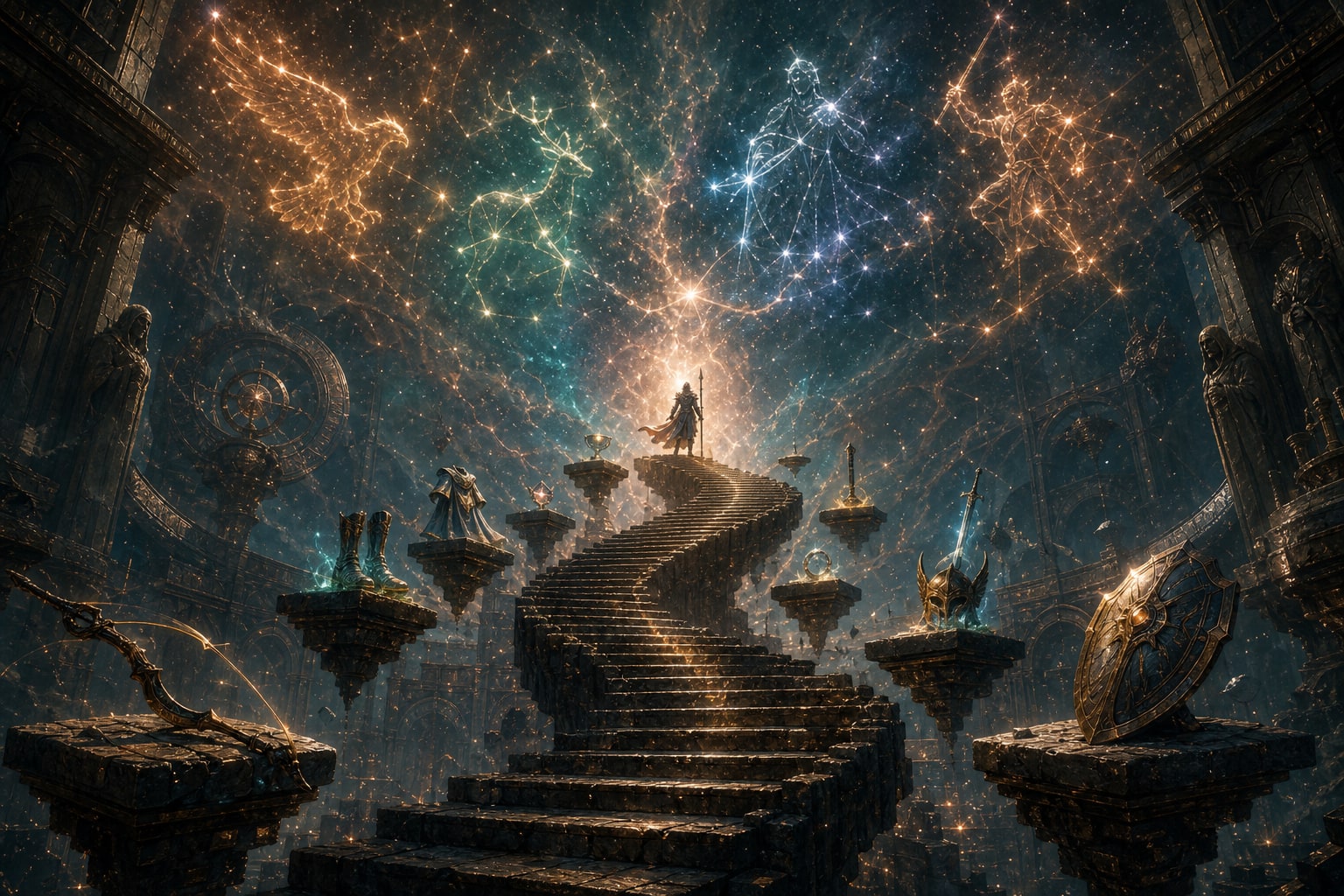 An epic adventurer ascending a spiral of thirty rune-carved steps toward constellations of legendary feats