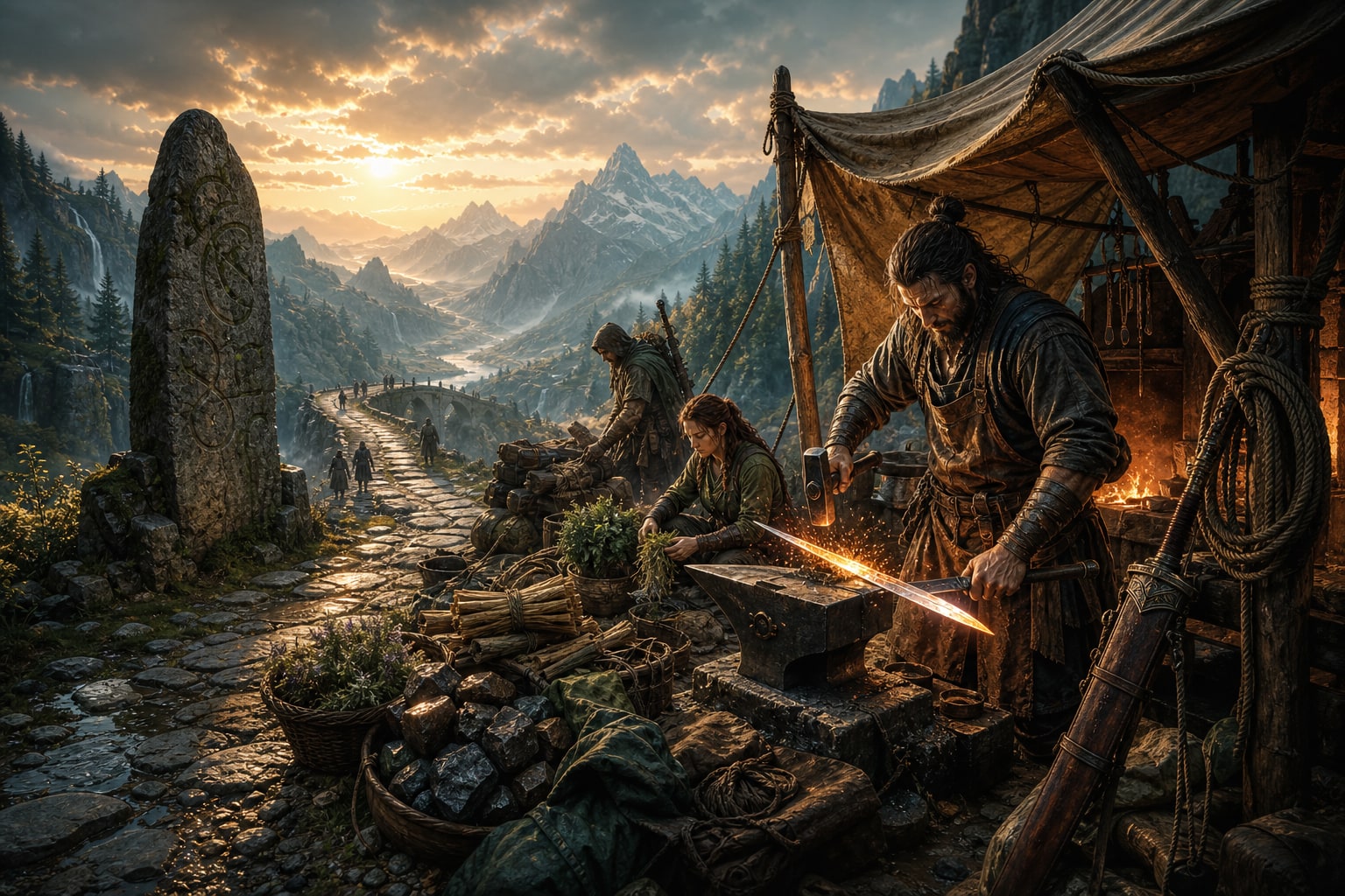 A traveling smith forging a glowing blade beside a wilderness milestone as a long road winds into distant mountains