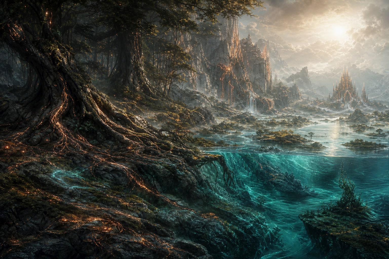 A vast living fantasy wilderness shifting from forest to mineral cliffs and deep water as glowing narrative threads weave through the land
