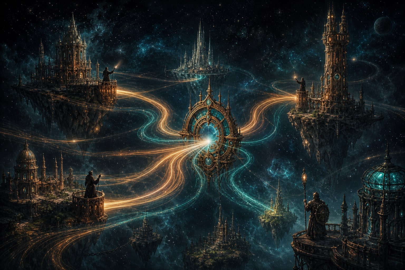 Distant fantasy towers on separate worlds connected by luminous message ribbons across a star-filled planar void