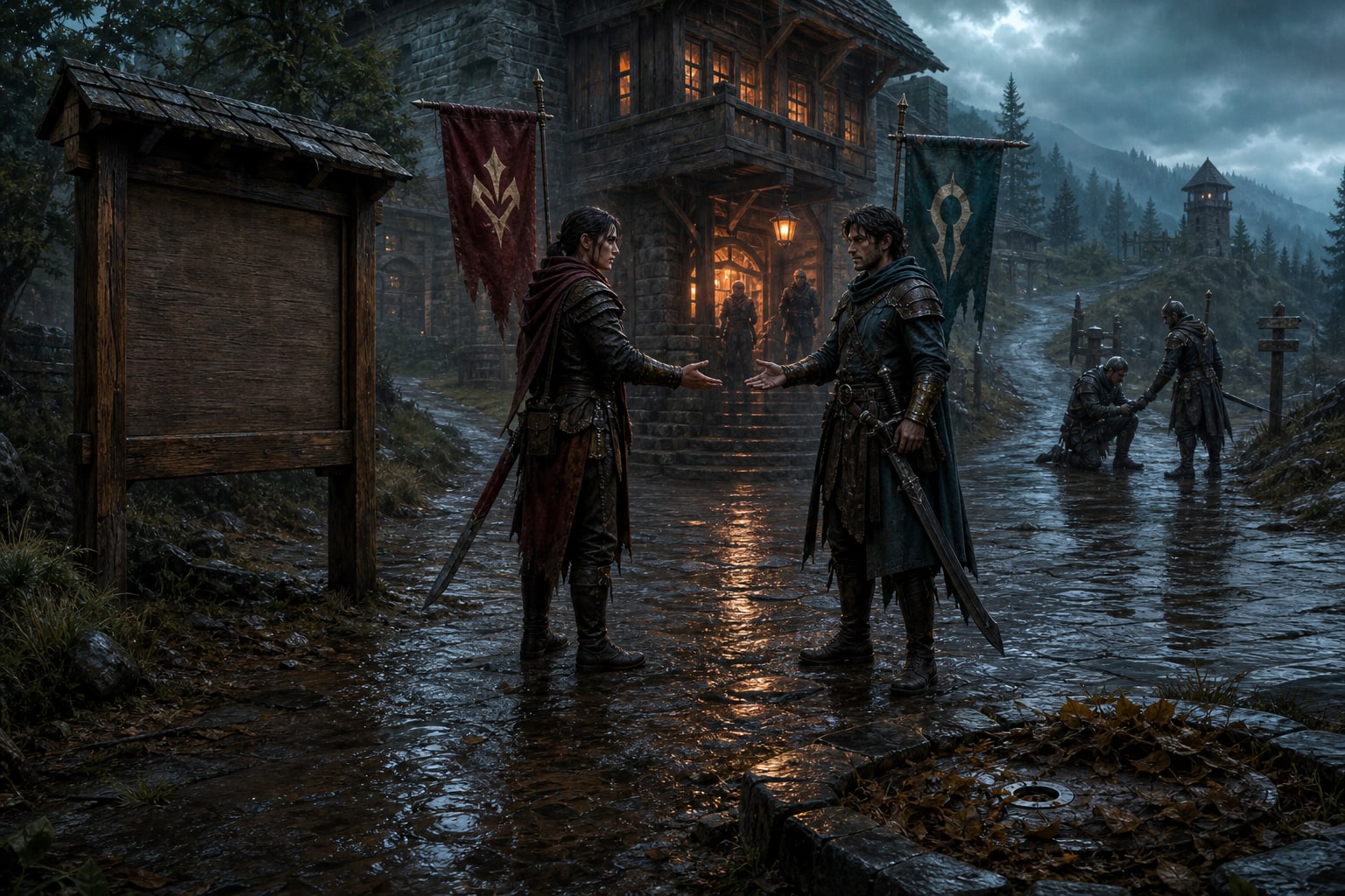 Two wary adventurers exchanging names at a crossroads while crossed banners, a notice board, and a concealed floor trap frame the scene
