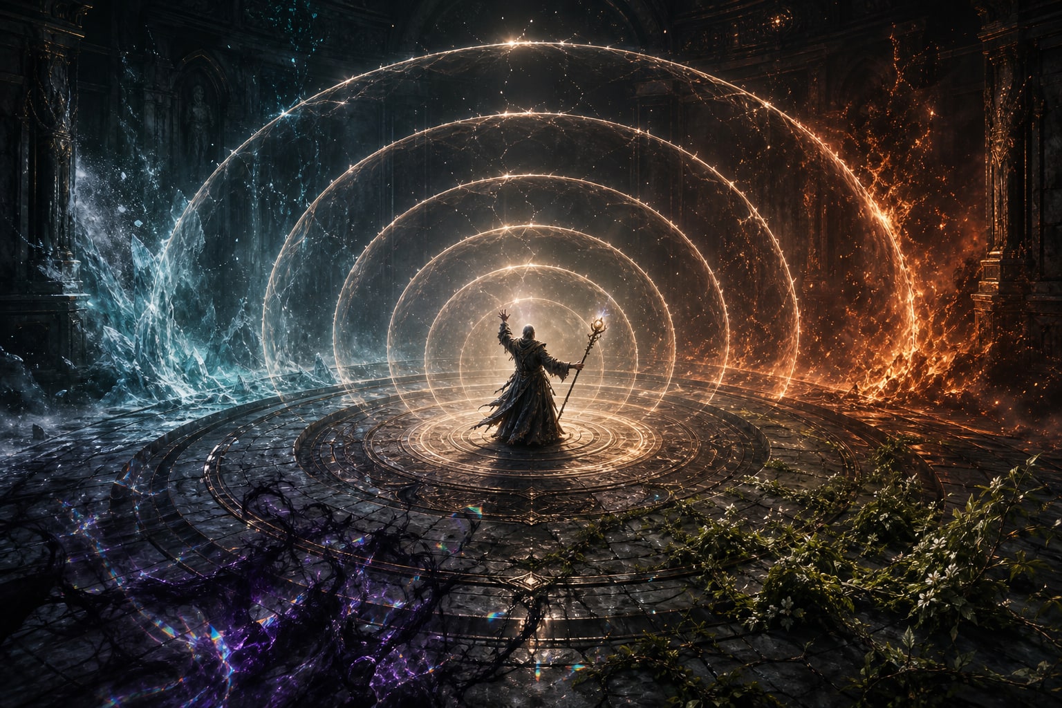 A mage casting a high-circle spell as the room bends, frost and embers spiral, and glowing sigils scar the stone