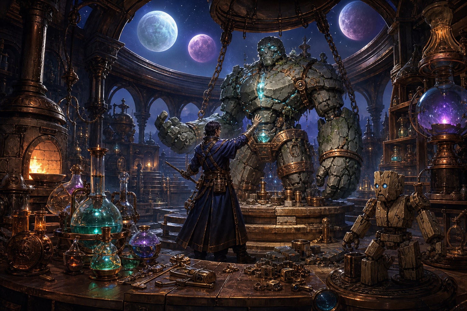 A fantasy artificer in a copper workshop awakening a stone golem while arcane devices orbit beneath three moons