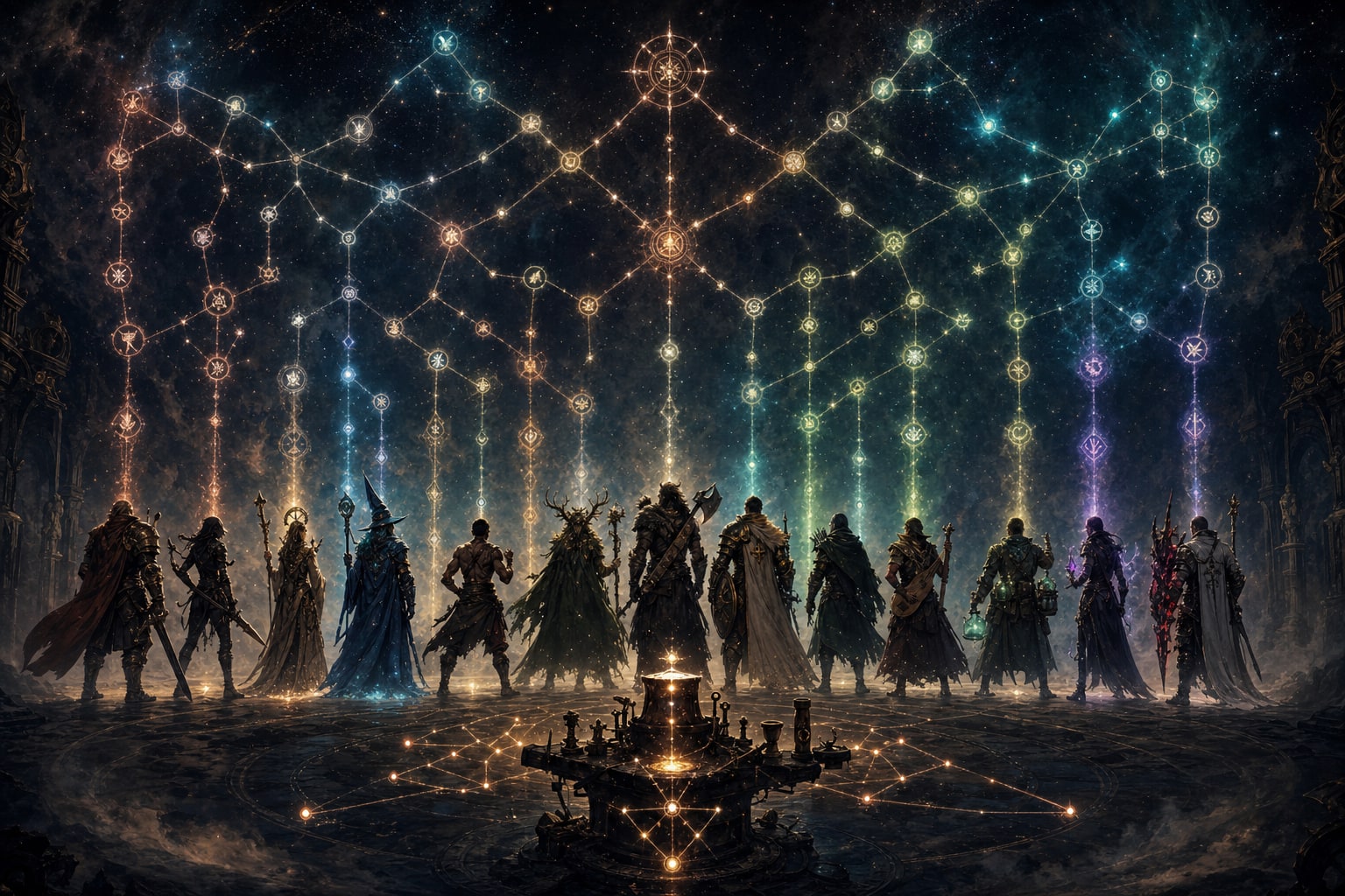 Fourteen heroic silhouettes beneath branching magical constellations that form distinct paths of martial, divine, arcane, and psionic mastery