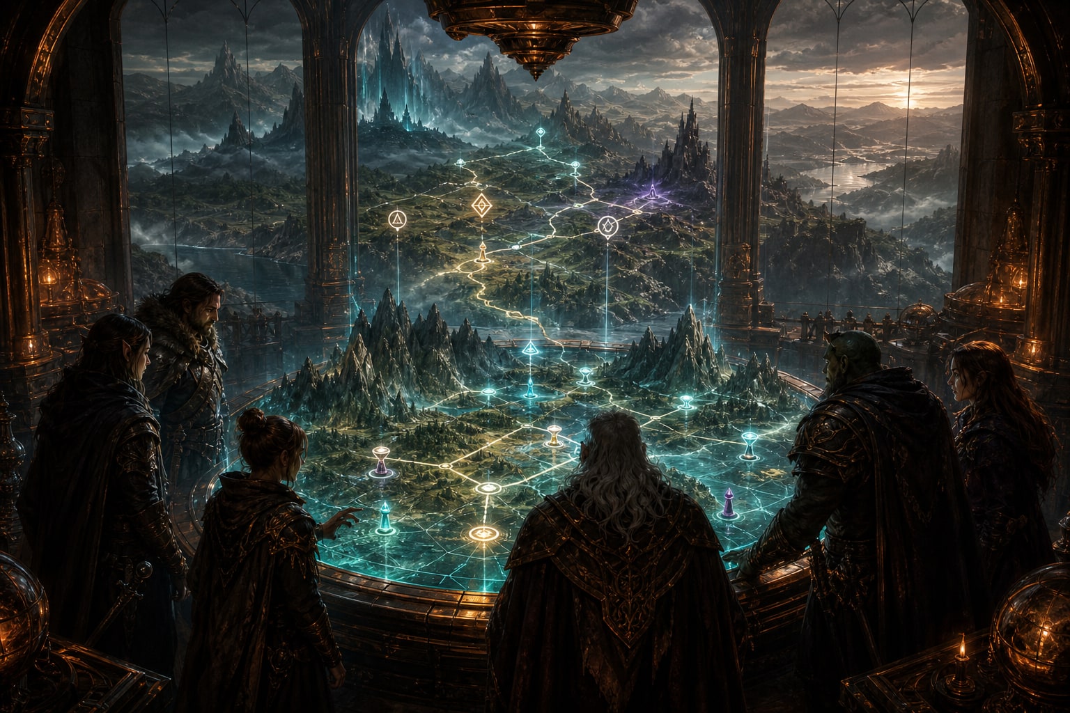 A glowing crystal map table showing linked quests, wilderness routes, and moving party markers to a circle of adventurers