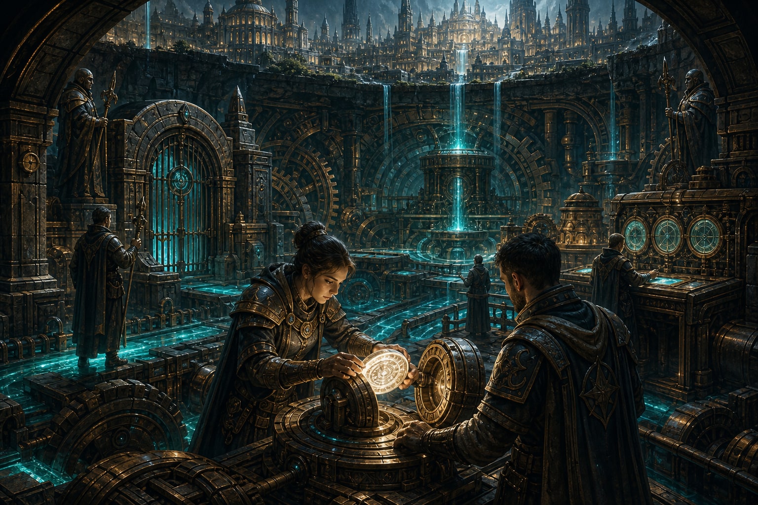 Ancient bronze machinery and rune-lit gears turning beneath a fantasy city while wardens inspect the mechanism