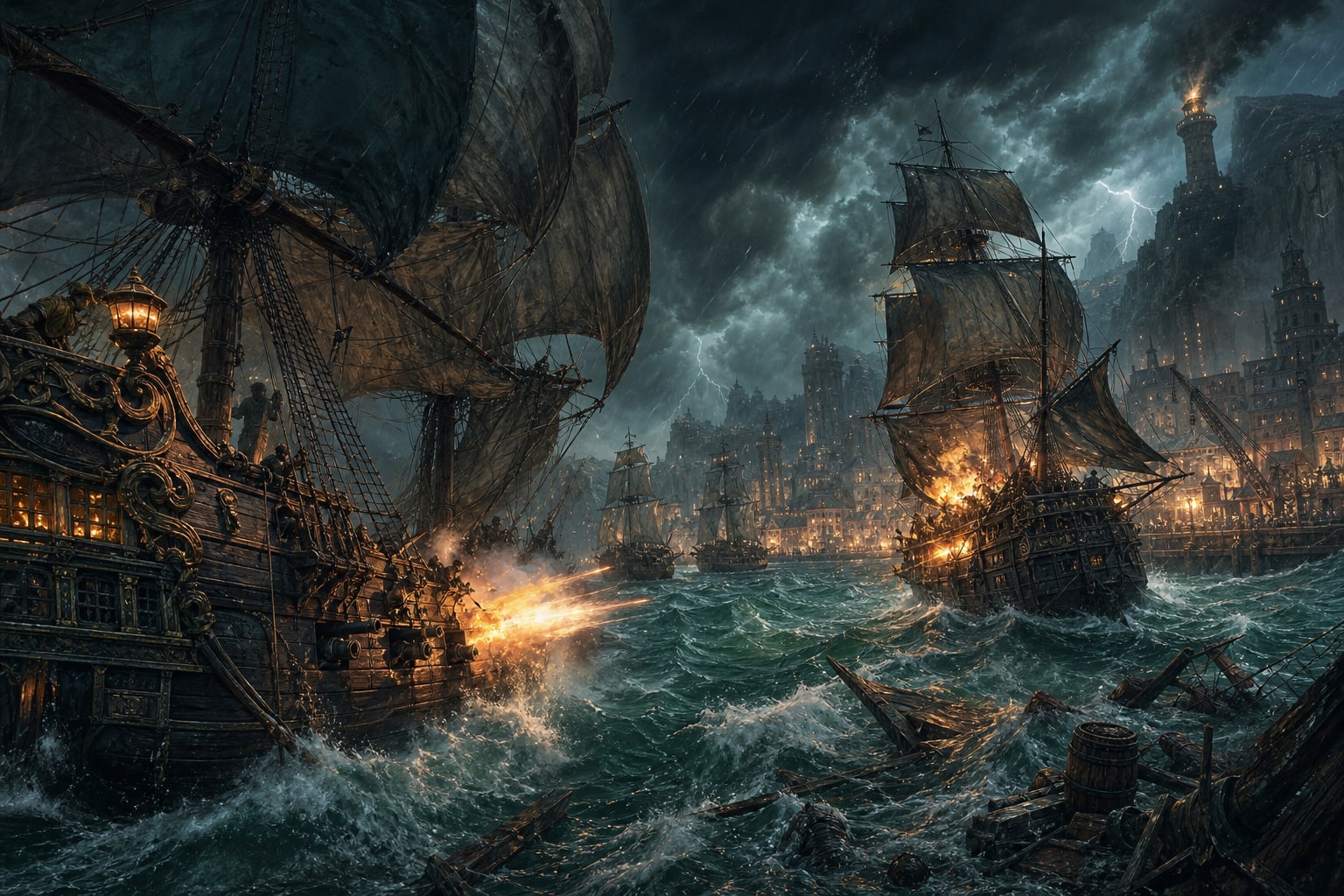 A fleet of ornate fantasy ships trading cannon fire in a storm while a merchant harbor glows beyond them