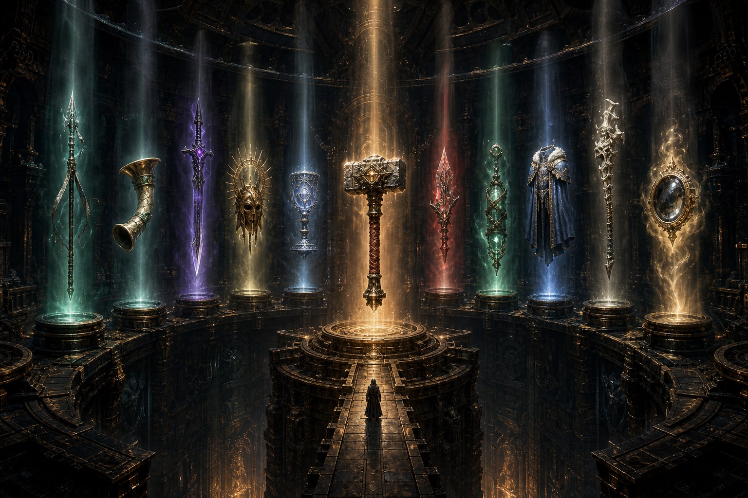 Eleven legendary fantasy artifacts suspended in a colossal underground vault, each radiating a different ancient power